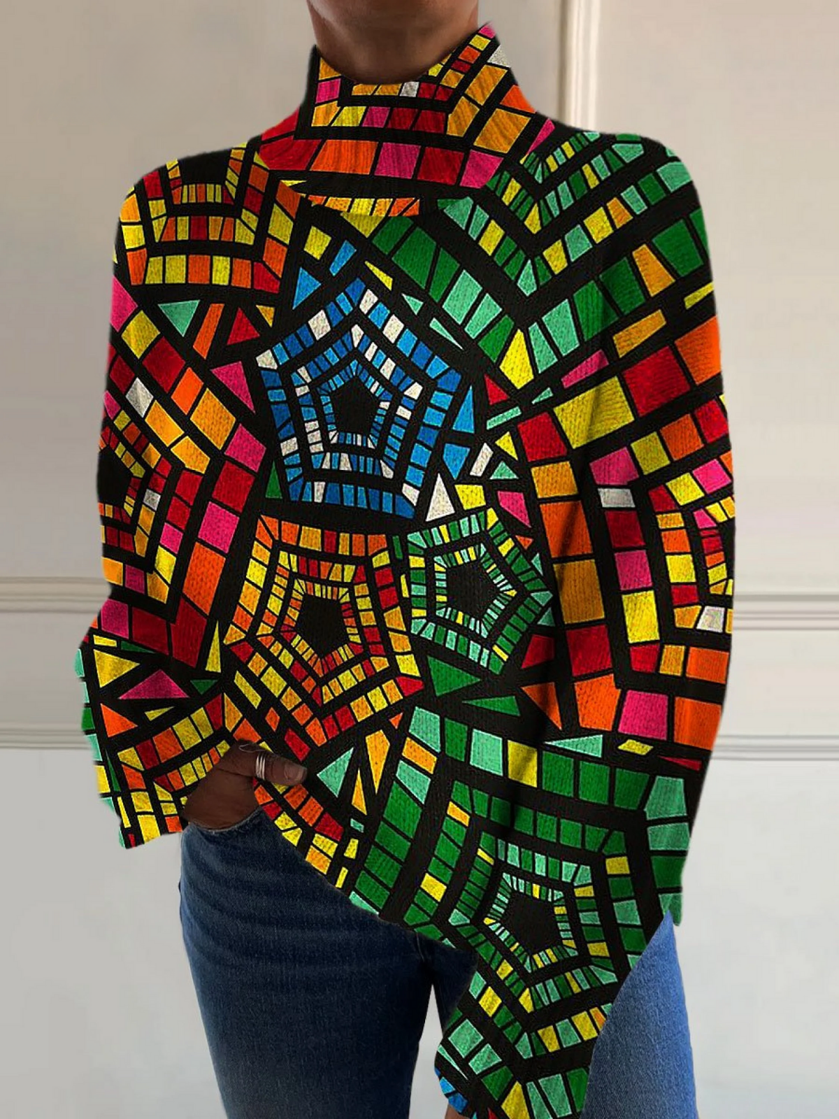 Karla | Retro colorful geometric art print turtleneck sweater
