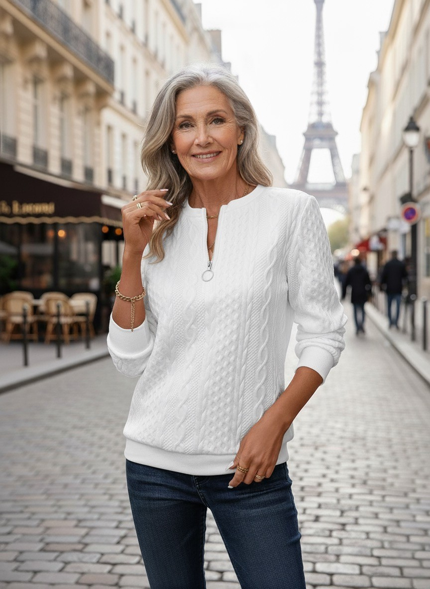 Estelle | Chic White Sweater with Zippered Neckline
