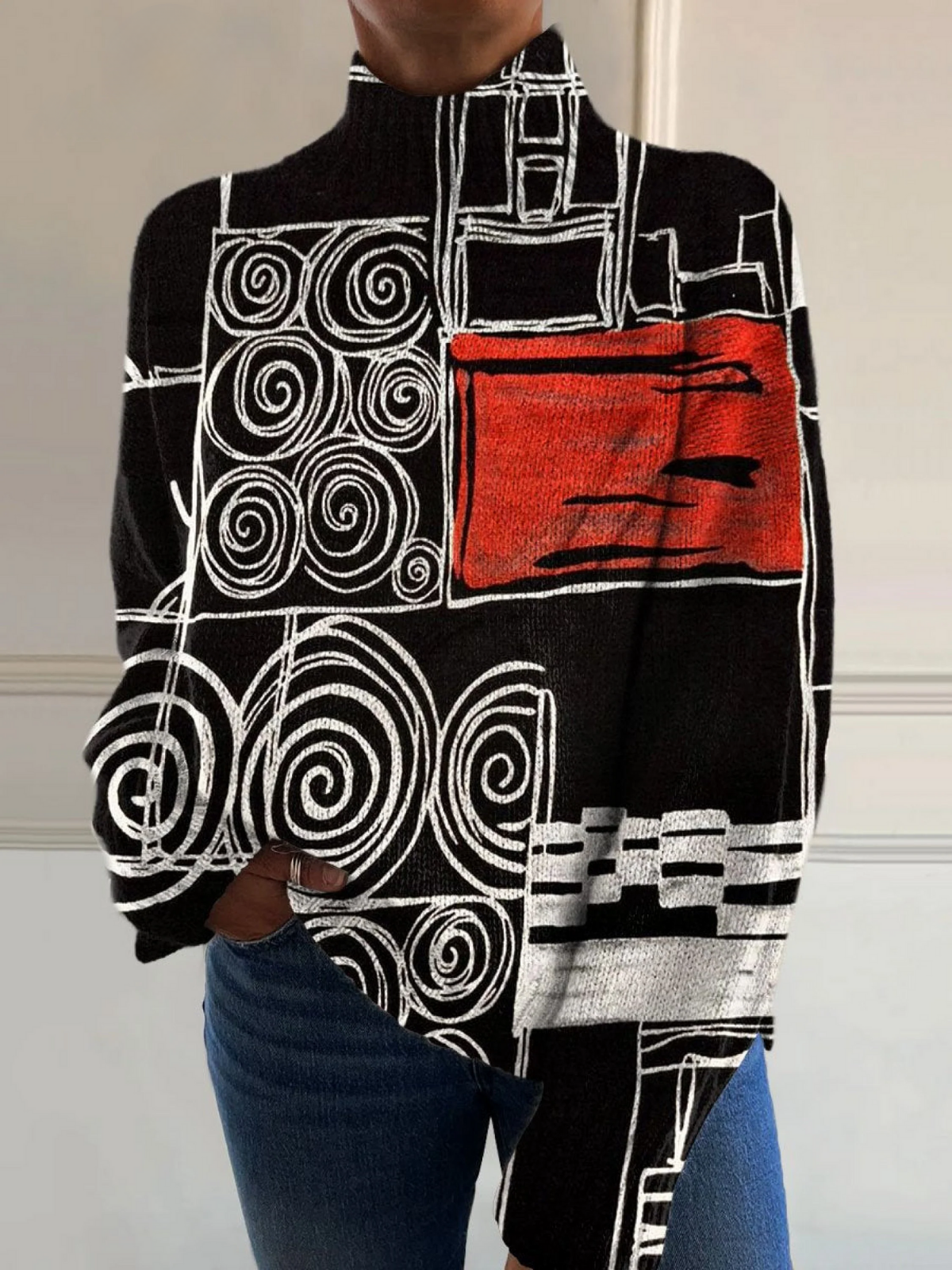 Loretta | Abstract colour block print turtleneck sweater